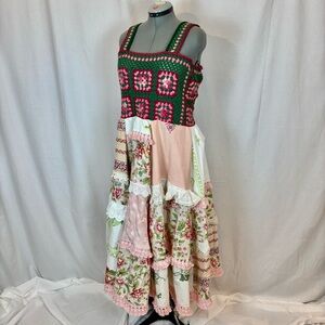 Hand Crafted Dress Granny Square Bodice Full Patchwork Skirt Vintage  Large